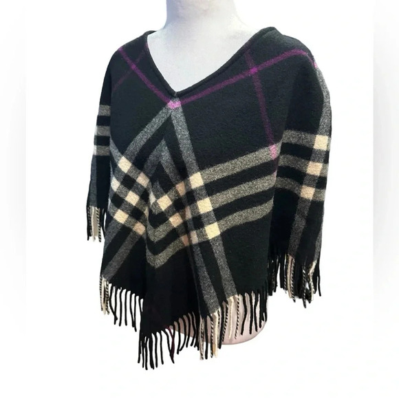 Burberry London Womens Black Plaid V-Neck Fringe Poncho Sweater Size S/M - Picture 3 of 9